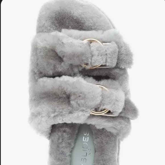 BRAND NEW J/SLIDES Brooke Grey 100% WOOL SHEARLING Platform Buckled Slides 7 - Picture 12 of 15